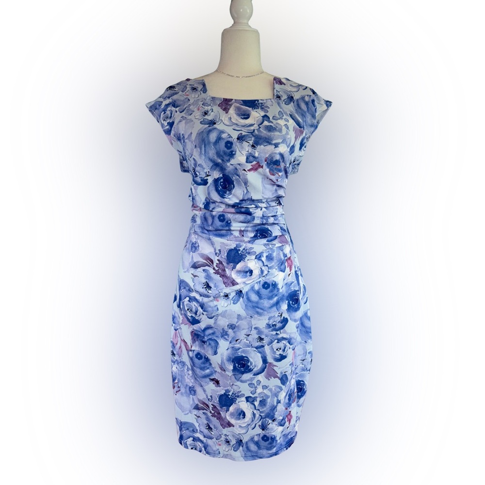 SHEIN Blue Purple Watercolor Floral Print Dress Size L NWOT